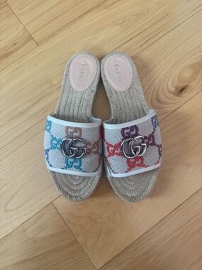 Gucci Multicolor GG Canvas Slide Mules with Silver Double G